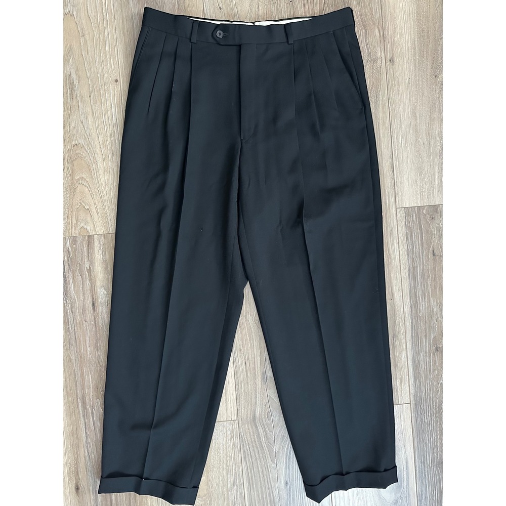 Monsieur Givenchy Mens Black Double Pleated Cuffed Dress Pants 36R Made in USA